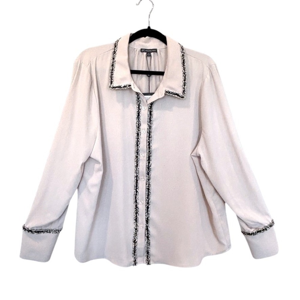 Adrianna Papell Blush Pink Silky Button Shirt XL Tweed Fringe Sophisticated NWT